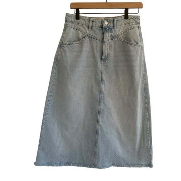 We The Free Midi Denim Jean Skirt Sz 4 Free People Light Wash Frayed 5 Pocket - Picture 1 of 8